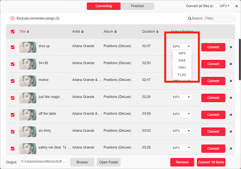 Seleziona il formato di output