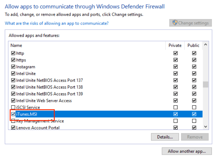 Configurações de firewall do iTunes no Windows