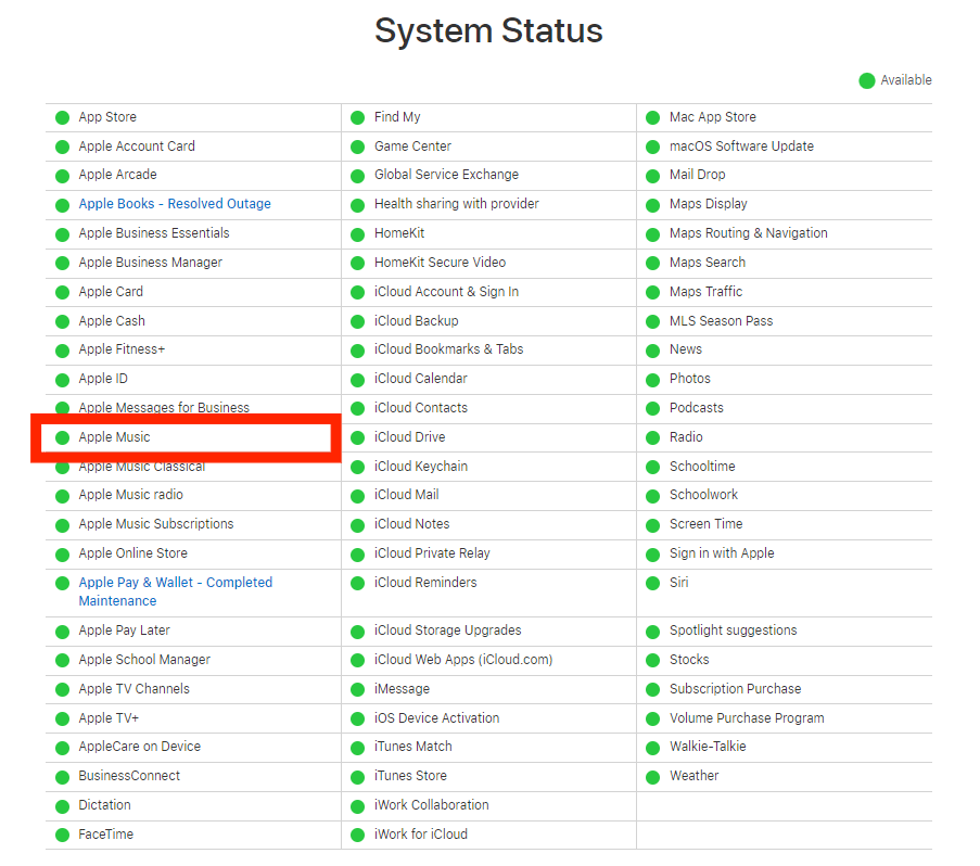 Apple Music Current System Status