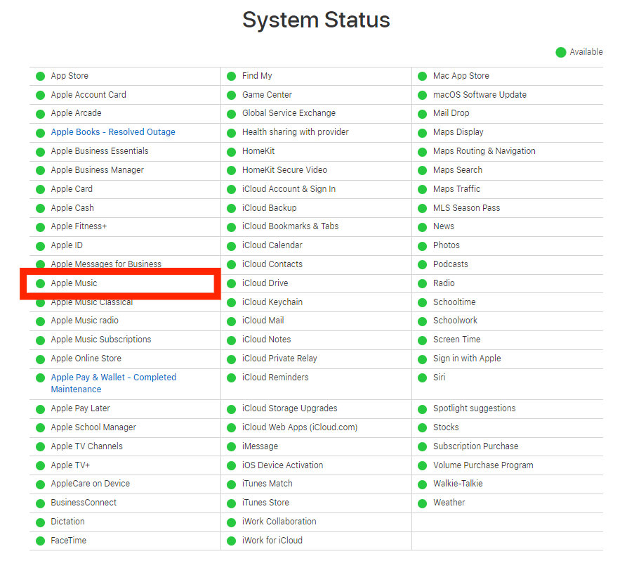 Verifique o status do servidor de música da Apple