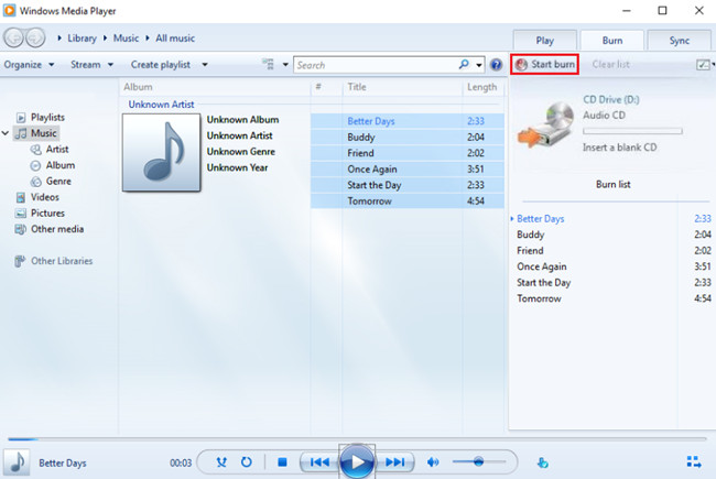 Windows Media Player Start Burn