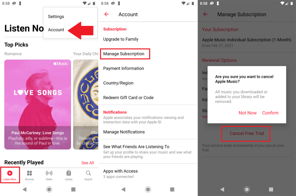 Annuler l’essai gratuit d’Android Apple Music