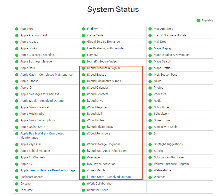 iCloud 시스템 상태 확인