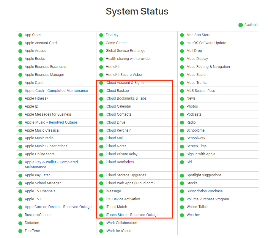 الحل 1. تحقق من حالة نظام iCloud