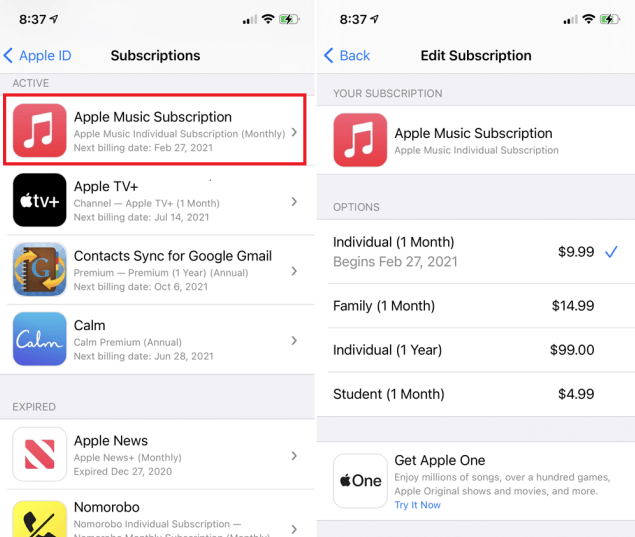 Switch Apple Music Subscription