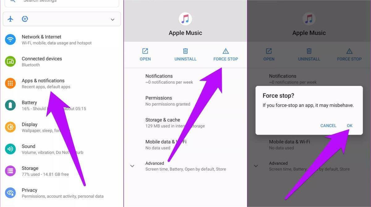 Vynutit zastavení aplikace Apple Music