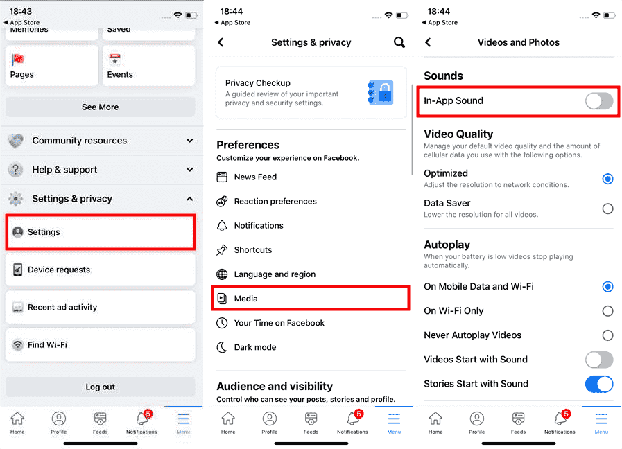 Deshabilitar el sonido de Facebook