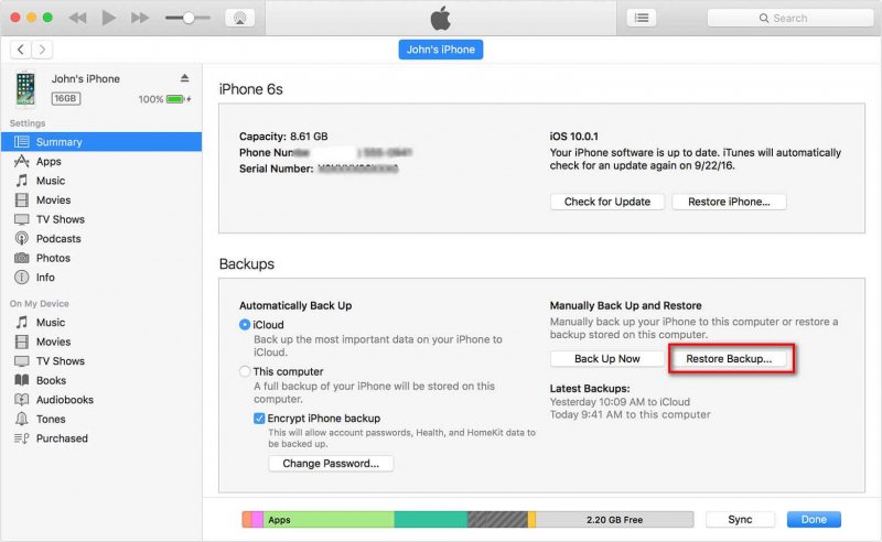 Transferir a biblioteca do iTunes usando o backup do iTunes