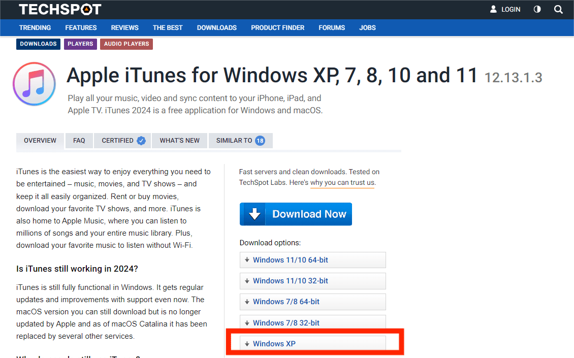 在 XP 上下载 iTunes