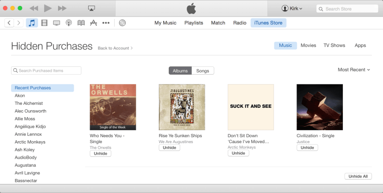 iTunes Hidden Purchases Section