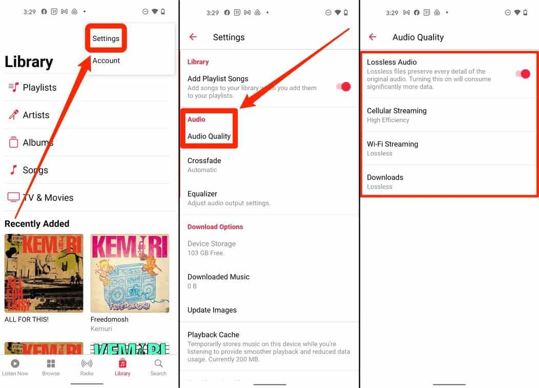 Impostazioni della qualità della musica per Android