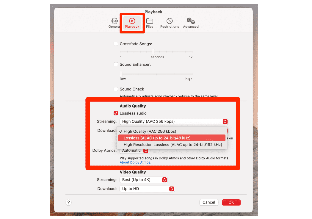 Configuración de calidad de música para Mac