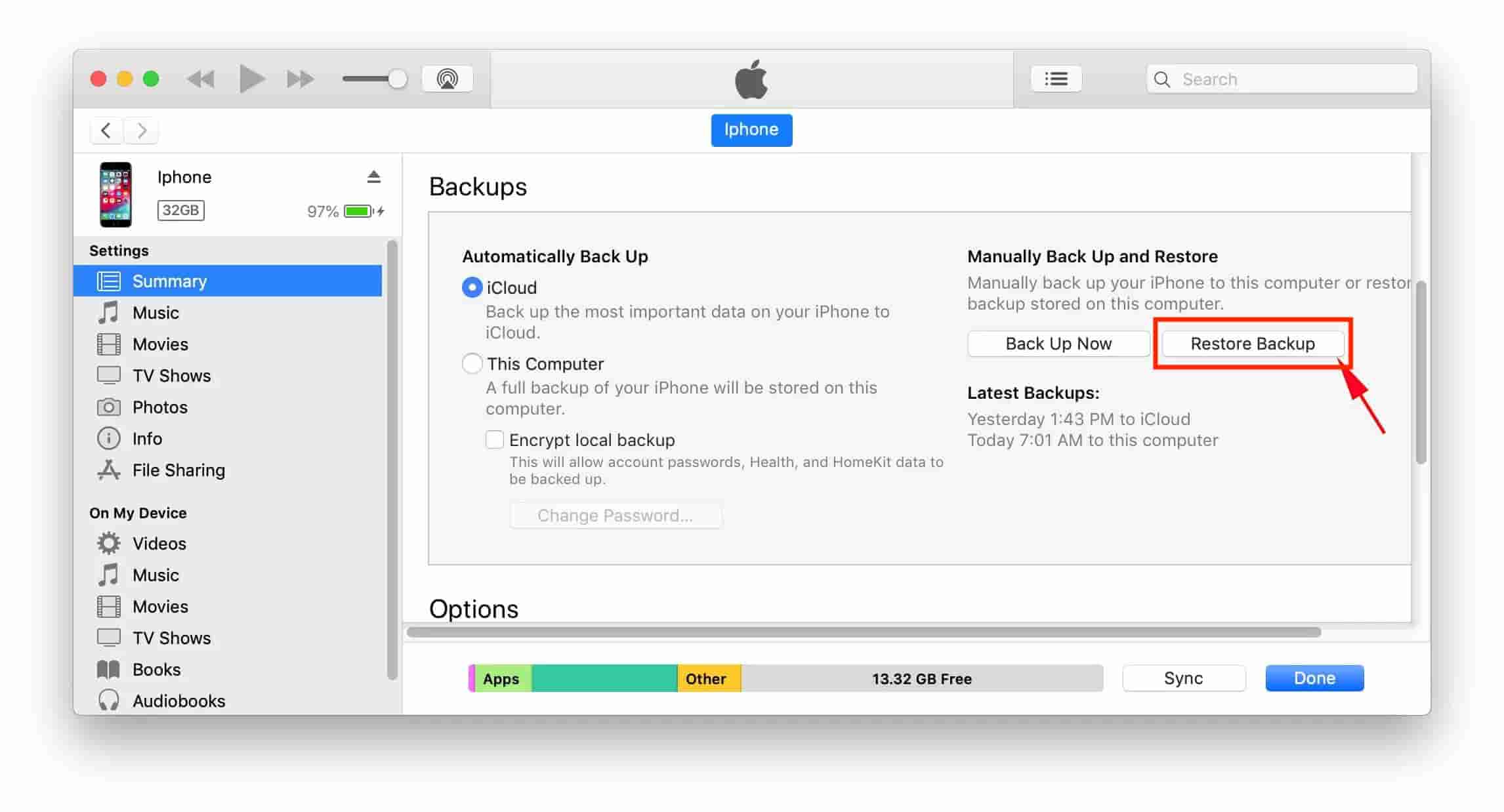 Restaurar archivos desde la copia de seguridad de iTunes