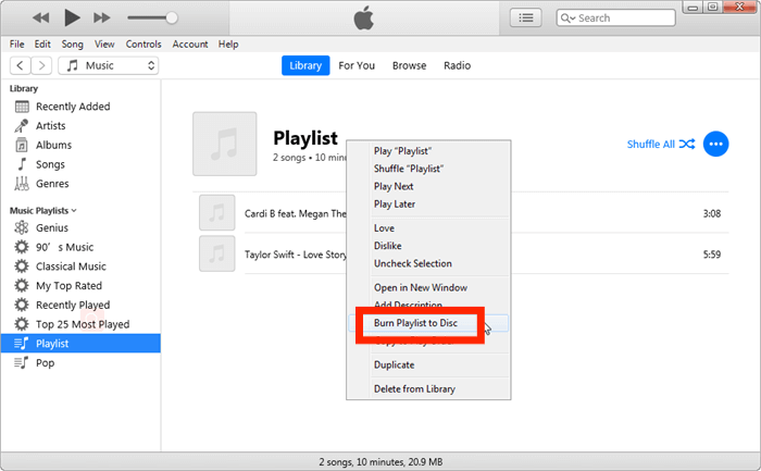 iTunes Graver une liste de lecture sur un disque