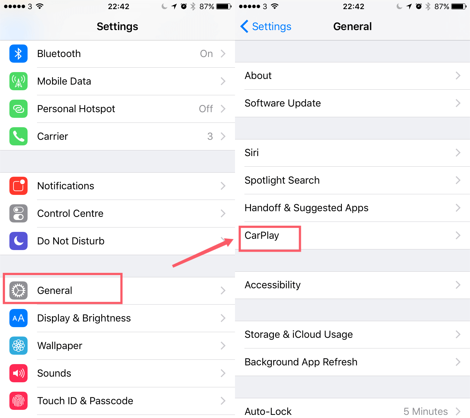 Seleccione Configuración Carplay en su dispositivo iOS