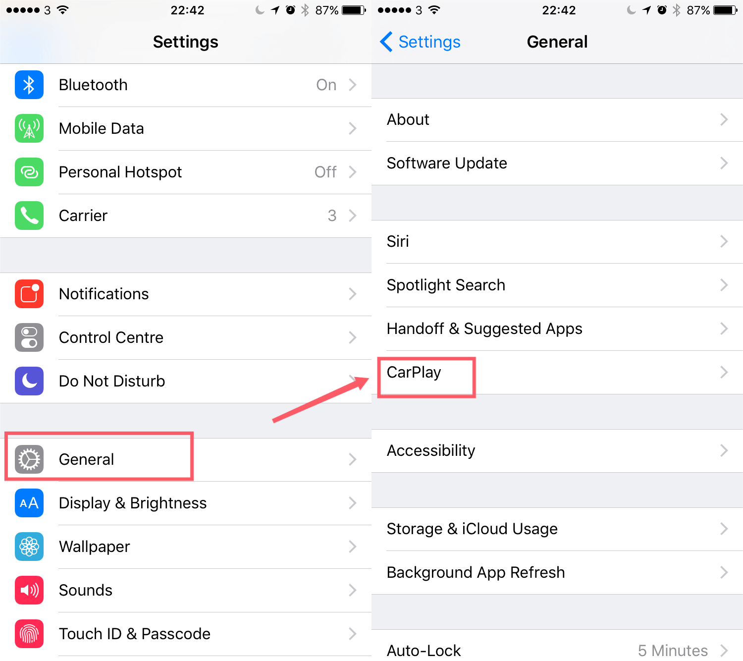 Sélectionnez Paramètres Carplay sur votre appareil iOS