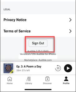 تسجيل الخروج من حساب Audible على iOS