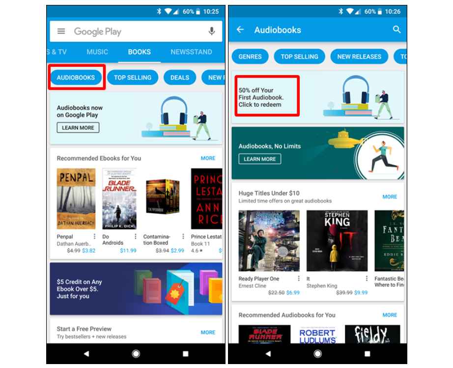 تفاصيل أسعار الكتب المسموعة في Google Play