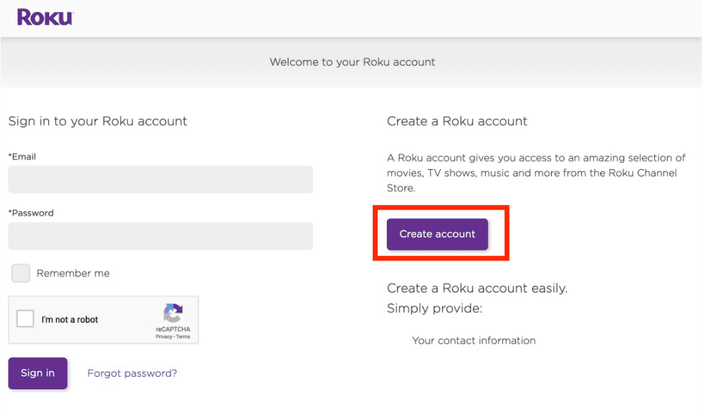 Crea il tuo account Roku