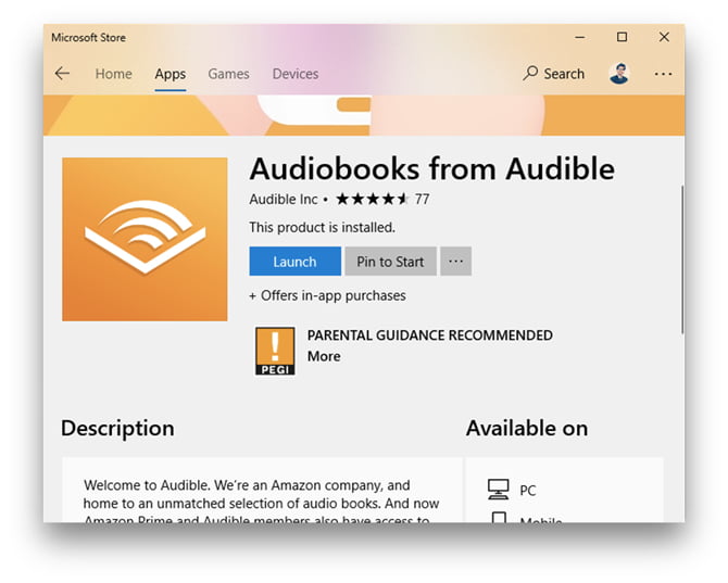 Приложение Audible для Windows 10