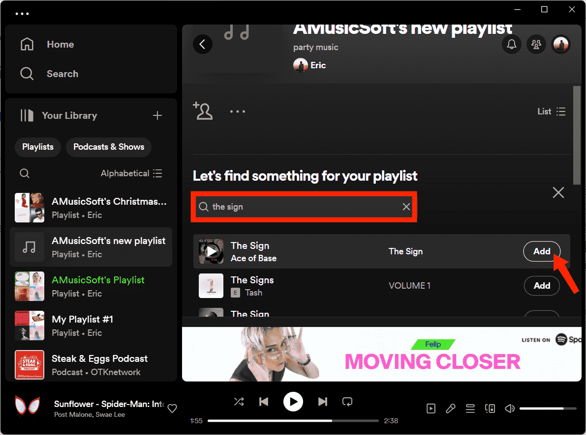 Добавить песню в плейлист Spotify на рабочем столе