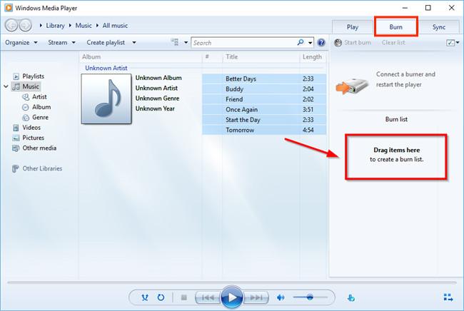 Brand Spotify-nummers Windows Media Player