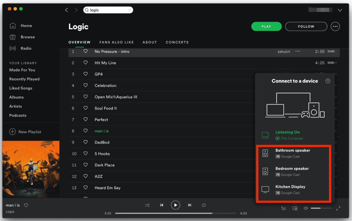 Chromecast 上の Spotify デスクトップ プレーヤー