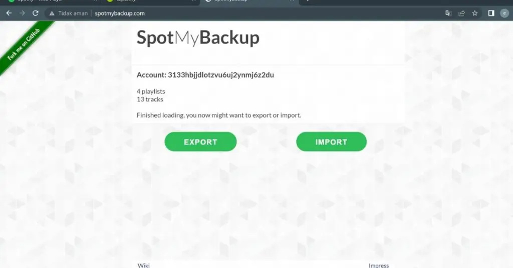 Экспорт Spotify с помощью Spotmybackup