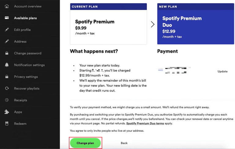 Изменить план Spotify