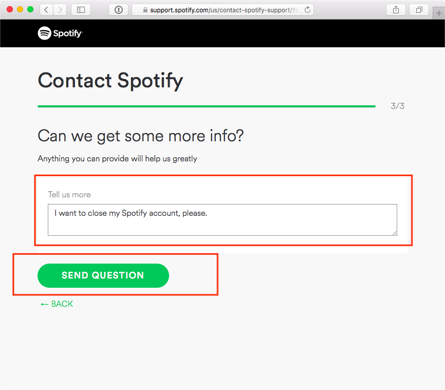 Contact Spotify Send Question