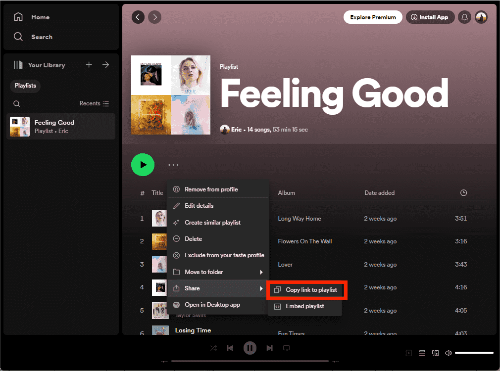 انسخ عنوان URL لقائمة تشغيل Spotify