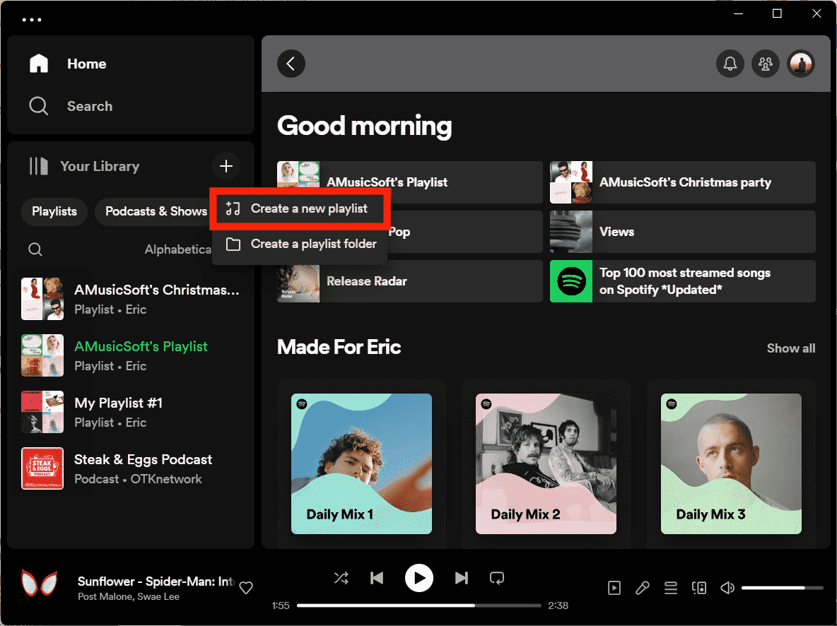 Crea una nuova playlist Spotify Desktop