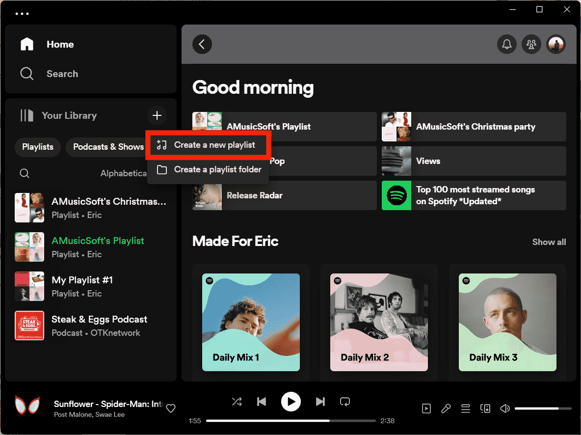 Créer une nouvelle liste de lecture Spotify Desktop