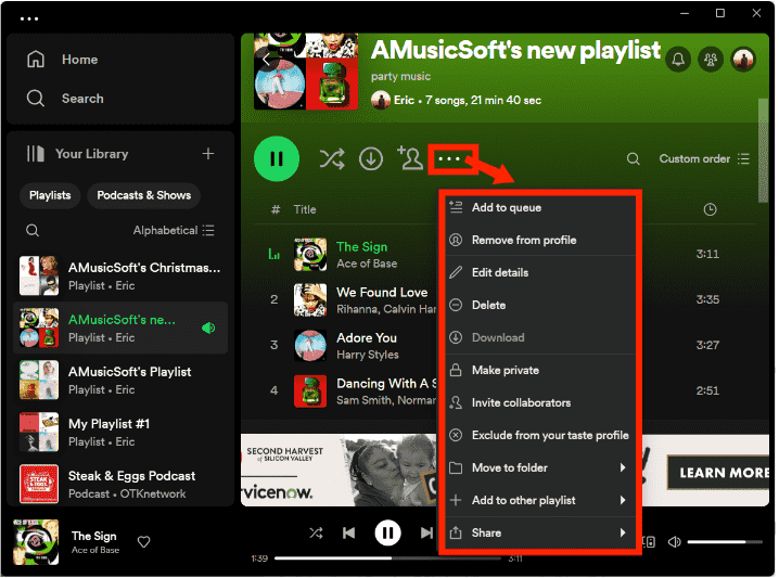 Editar a lista de reprodução do Spotify na área de trabalho