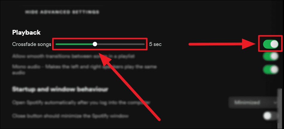 Configurações de reprodução no Spotify Web Player