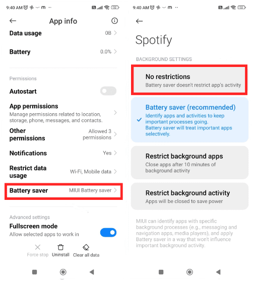 Modo de ahorro de energía de Spotify