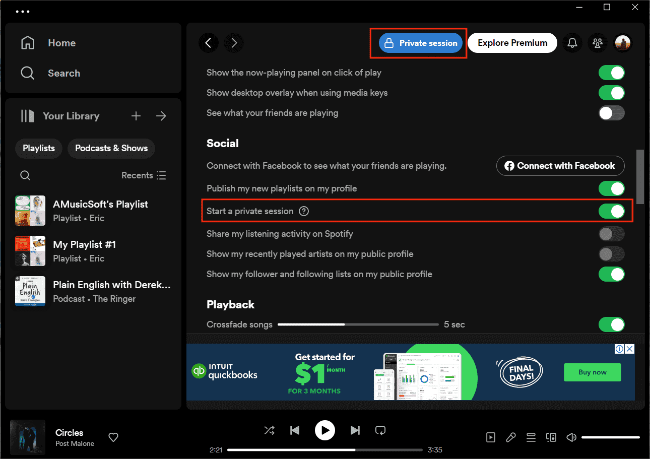 Включить Spotify Private Session Desktop