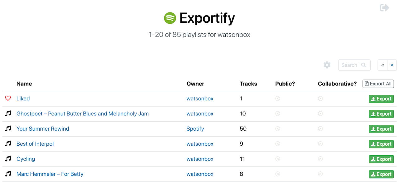 Exportar Exportar listas de reprodução do Spotify