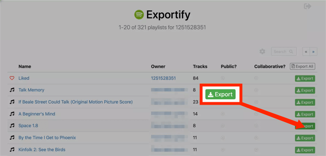 Exportar canción de Spotify a través de Exportify