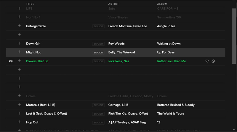 Песни на Spotify выделены серым цветом