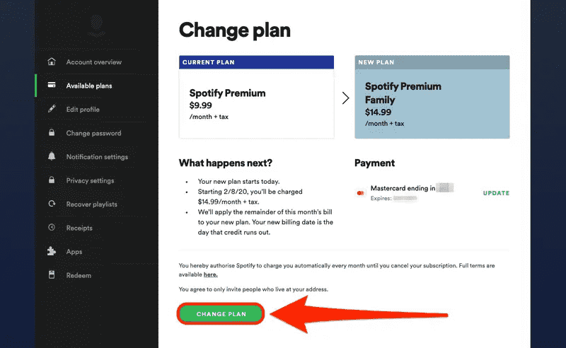 Изменить мой премиальный план Spotify