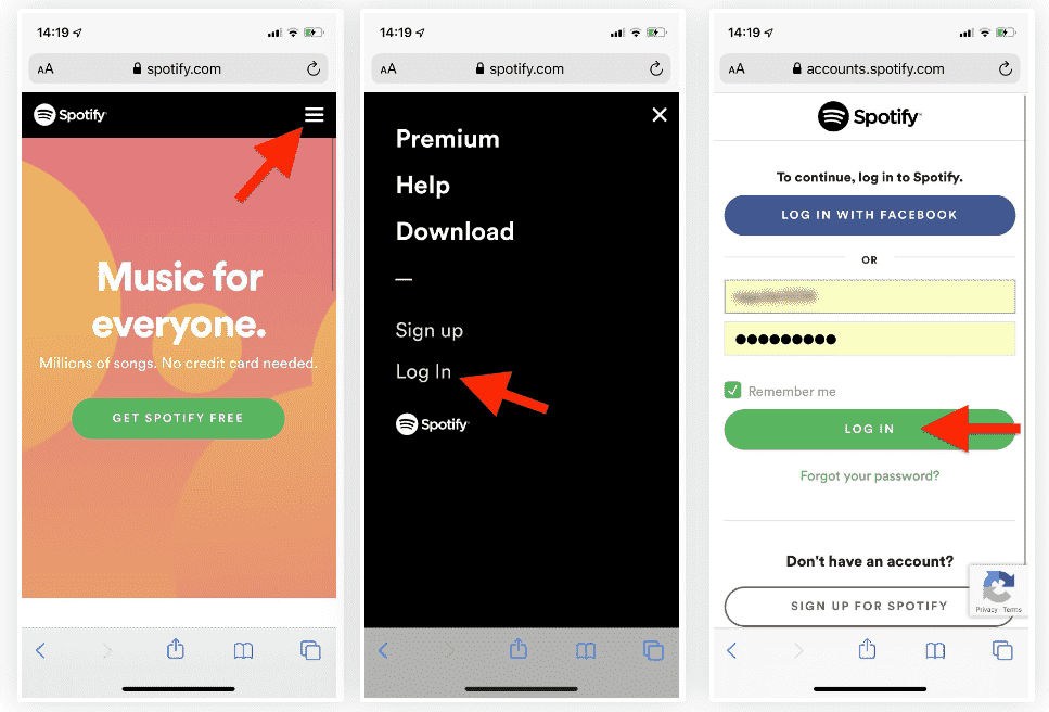 Accedi al sito Web di Spotify sul telefono