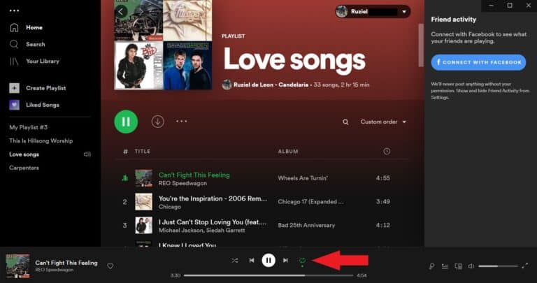Repetir canción en el escritorio de Spotify