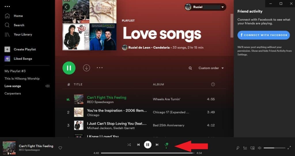 Canción en bucle en el escritorio de Spotify