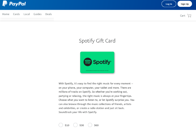 Tarjeta de regalo de Spotify de Paypal