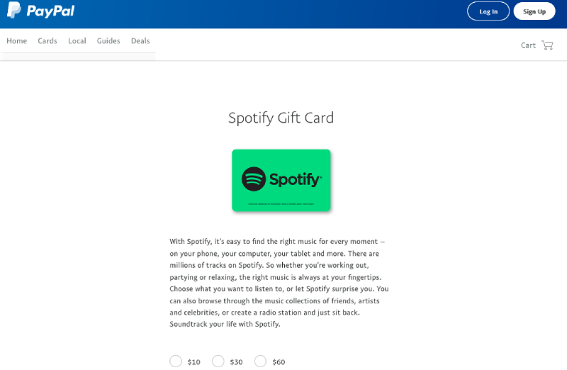 Cartão de presente Spotify Paypal