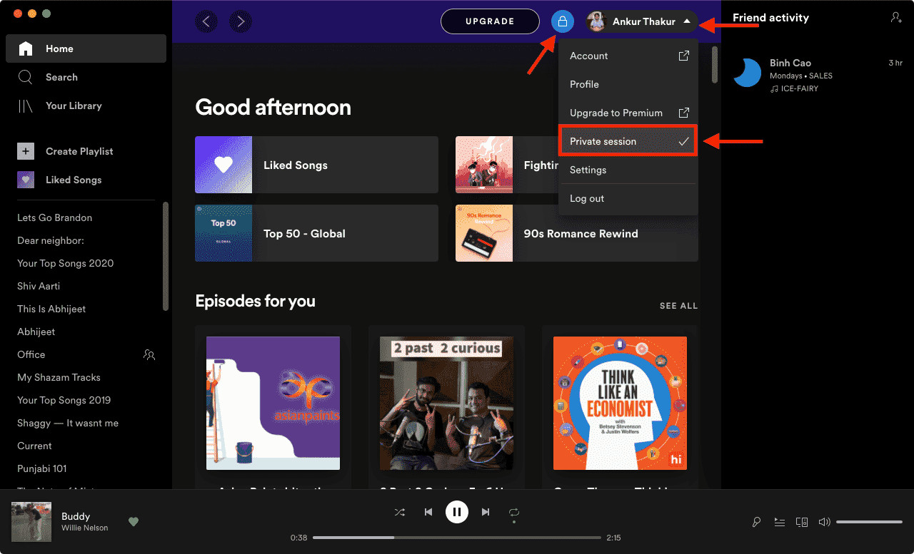 Włącz prywatną sesję w Spotify