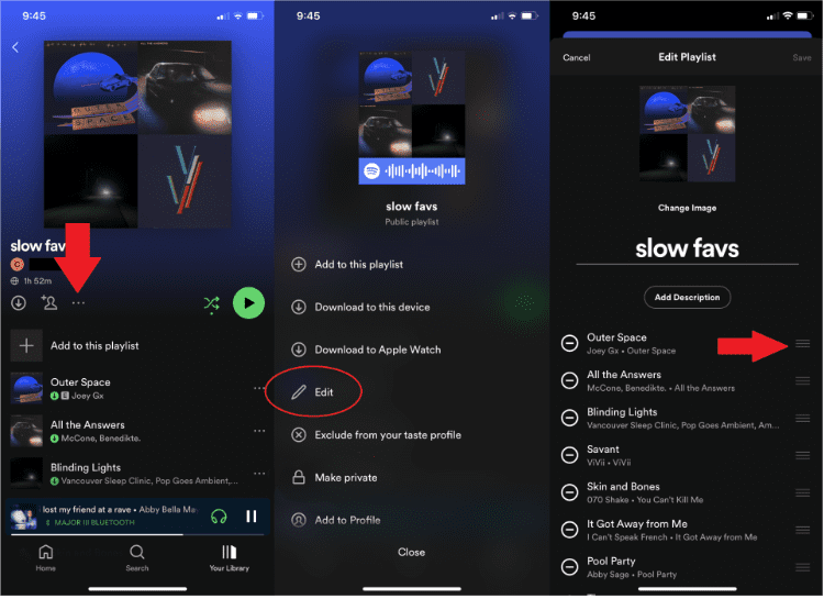 Изменение порядка песен Spotify на мобильном телефоне