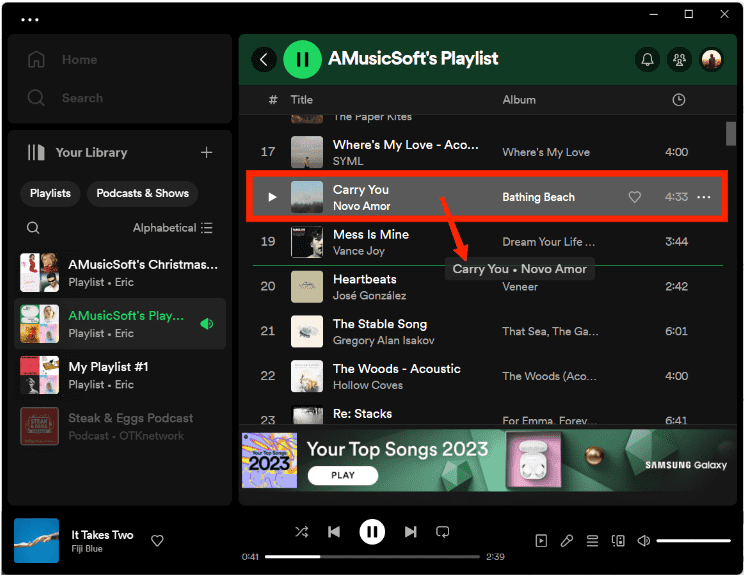 デスクトップ上の Spotify の曲を並べ替える