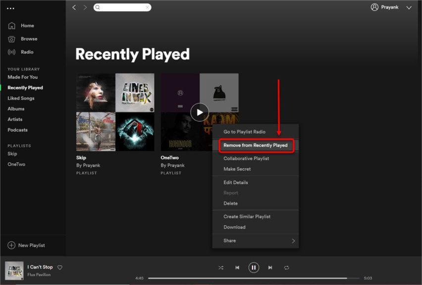 Очистить недавно воспроизведенное на Spotify